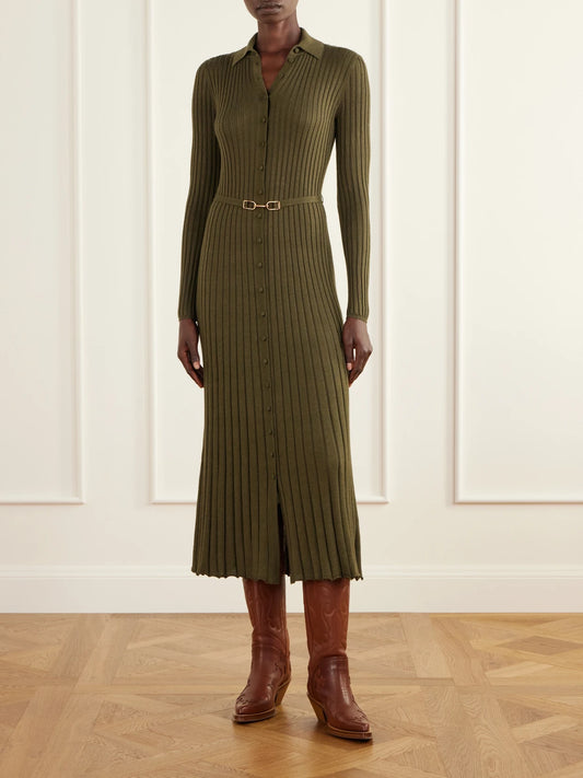 Image of Dresses. Product name - Tenes Belted Ribbed Cashmere And Silk-blend Midi Dress in Army green colour by brand - Gabriela Hearst