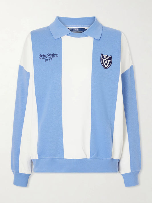 Image of Sleepwear & Loungewear. Product name - + Wimbledon Logo-embroidered Cotton-blend Sweater in Blue colour by brand - Polo Ralph Lauren