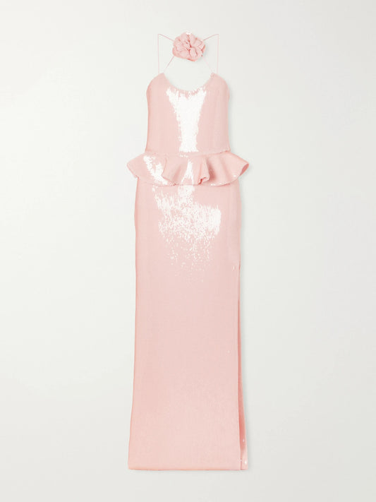 Image of Dresses. Product name - Floral-appliquéd Ruffled Sequined Mesh Halterneck Gown in Pink colour by brand - Rodarte
