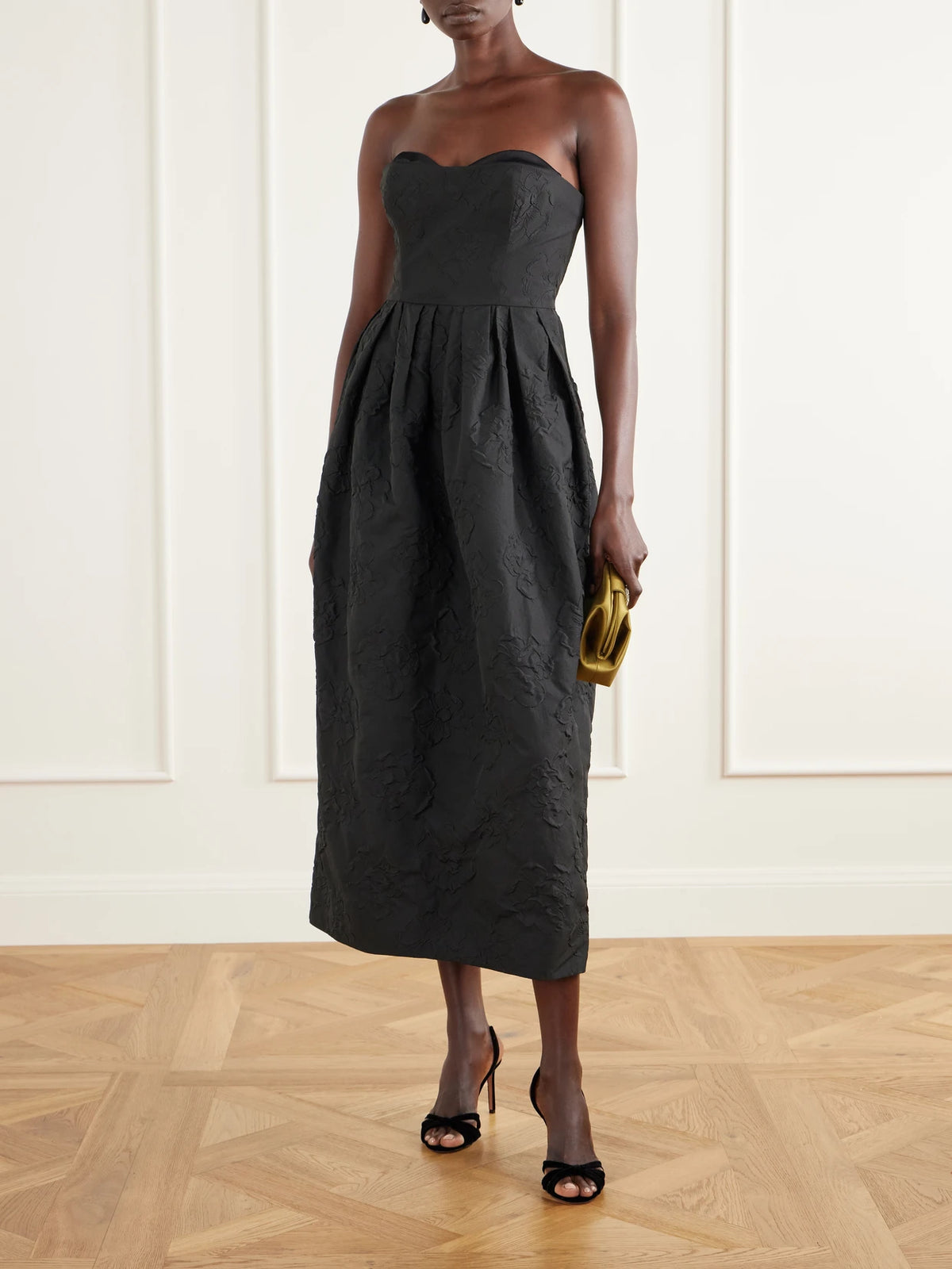 Image of Dresses. Product name - Katerina Pleated Floral-jacquard Cloqué Gown in Black colour by brand - Ulla Johnson