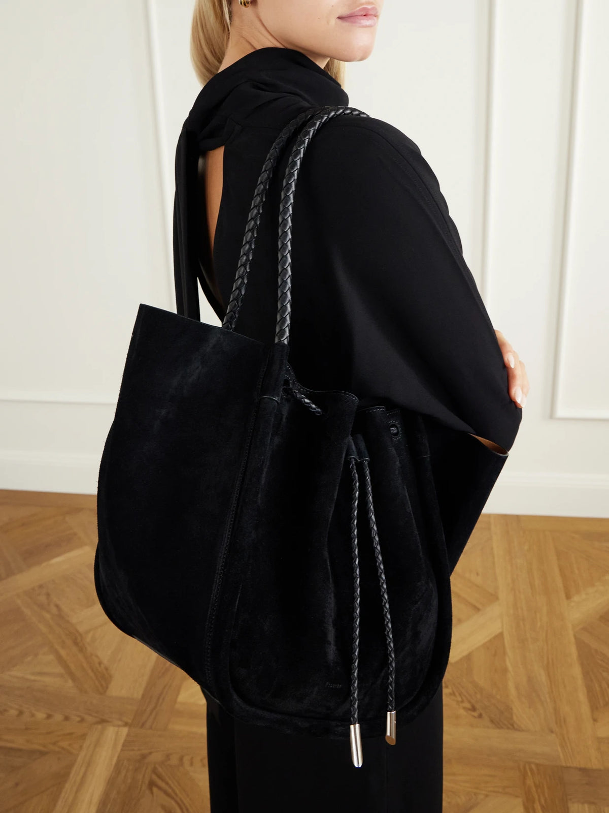 Image of Bags. Product name - Large Ruched Leather-trimmed Suede Tote in Black, Green colour by brand - Proenza Schouler