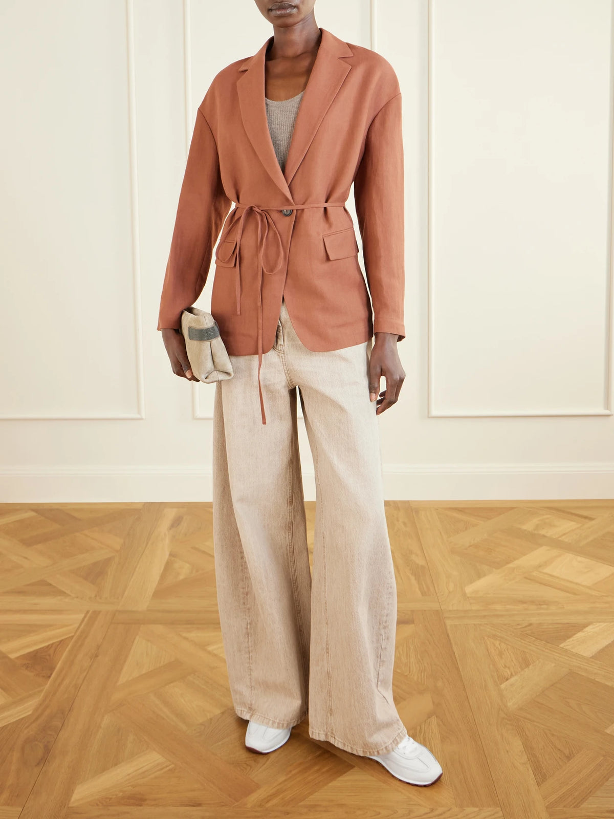 Image of Sneakers. Product name - Embellished Textured-leather Sneakers in Ivory colour by brand - Brunello Cucinelli