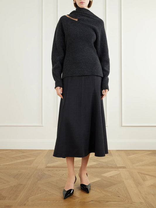 Image of a model wearing Outerwear. Product name - Cut-out Wool And Cashmere-blend Sweater in Dark gray colour by brand - Carolina Herrera