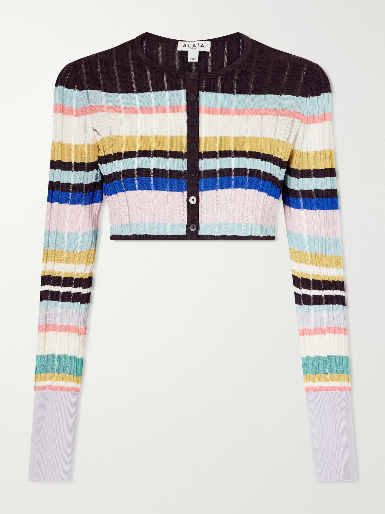 Image of Cardigans. Product name - Striped Cropped Jacquard Cardigan in Multi colour by brand - Alaïa