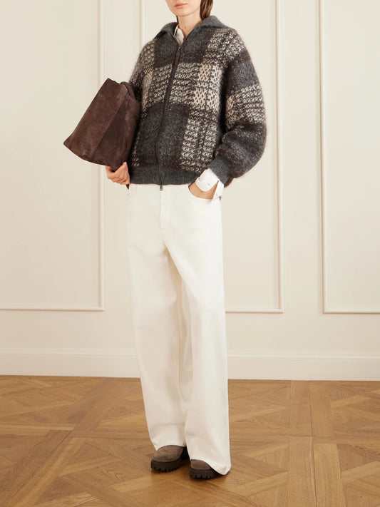 Image of Jeans. Product name - Embellished High-rise Wide-leg Jeans in White colour by brand - Brunello Cucinelli