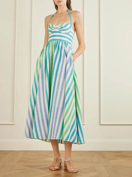 Image of Dresses. Product name - Johanna Ikat Striped Cotton Midi Dress in Blue colour by brand - Emporio Sirenuse