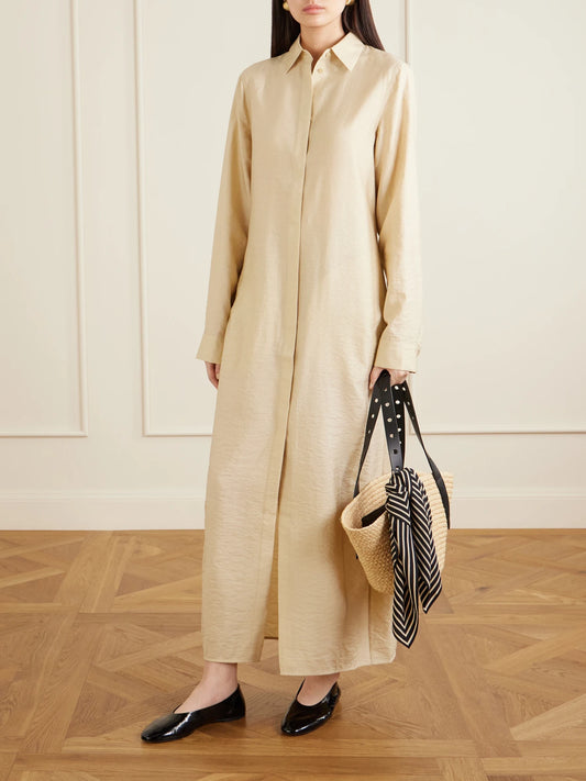 Image of Dresses. Product name - Parachute Silk-blend Maxi Dress in Beige colour by brand - TOTEME