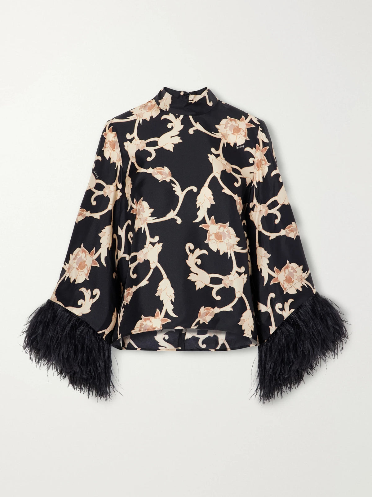 La DoubleJ Make An Exit Feather-trimmed Printed Silk-twill Blouse