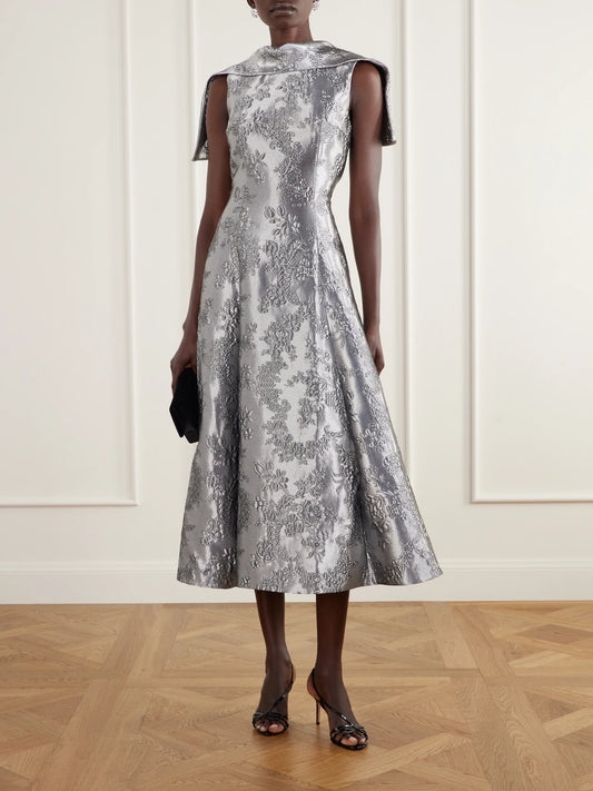 Image of Dresses. Product name - Harlow Embroidered Metallic Cloqué Gown in Silver colour by brand - Emilia Wickstead