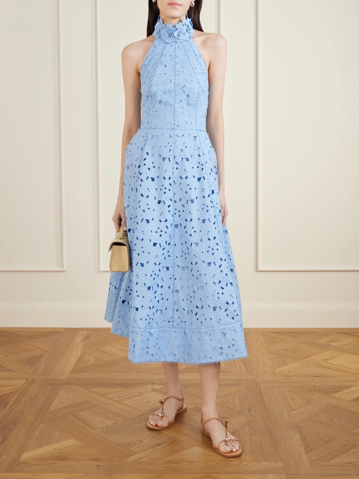 Image of Dresses. Product name - Nuvola Appliquéd Broderie Anglaise Cotton Halterneck Midi Dress in Blue colour by brand - Rebecca Vallance