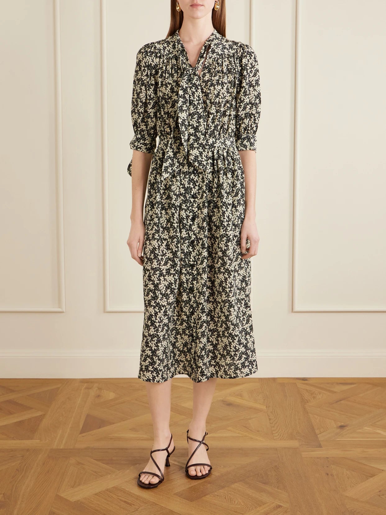 Image of Dresses. Product name - Lala Patterned Silk-crepe Midi Dress in Multi colour by brand - MAISON MAYLE