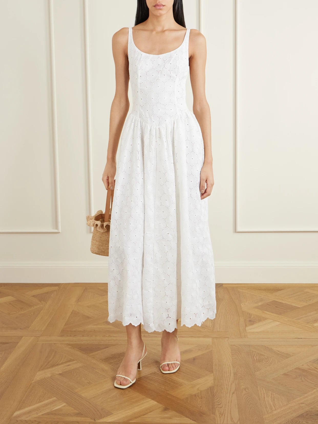 Image of Dresses. Product name - Milana Broderie Anglaise Midi Dress in White colour by brand - Faithfull