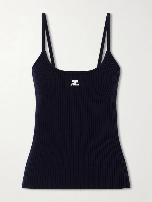 Image of a model wearing Tops. Product name - Reediton Logo-appliquéd Ribbed-knit Tank in Navy colour by brand - COURREGES