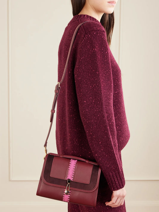 Image of Bags. Product name - Leonora Small Crochet And Suede-trimmed Leather Shoulder Bag in Burgundy colour by brand - Gabriela Hearst