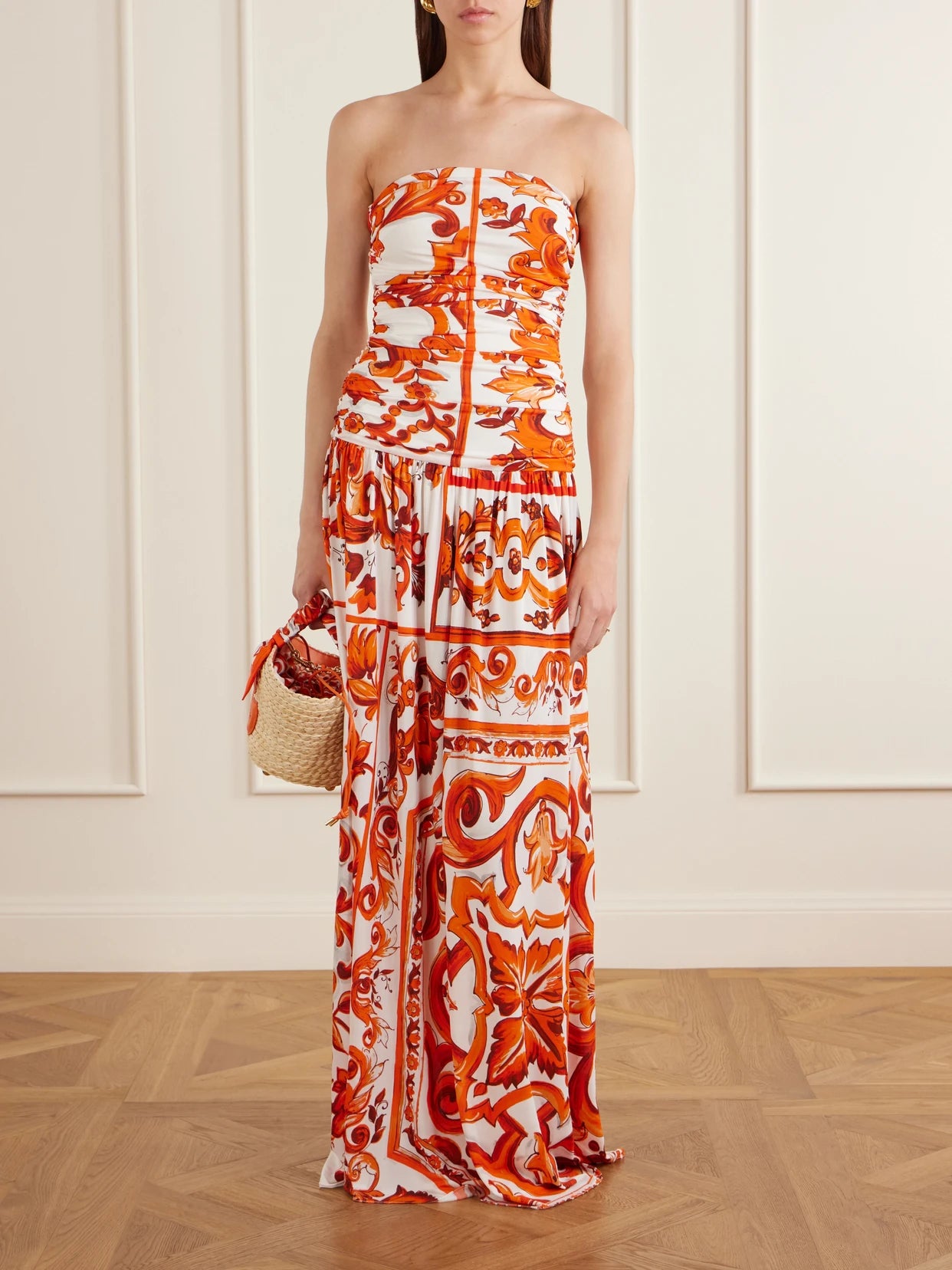 Image of Dresses. Product name - Printed Organza Maxi Dress in Orange colour by brand - Dolce & Gabbana