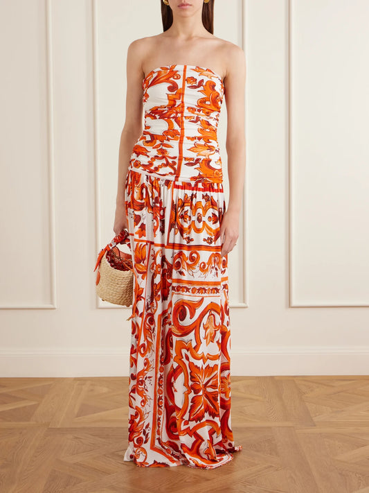 Image of Dresses. Product name - Printed Organza Maxi Dress in Orange colour by brand - Dolce & Gabbana