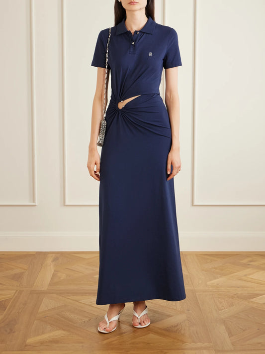 Image of Dresses. Product name - Embellished Jersey Midi Dress in Navy colour by brand - RABANNE