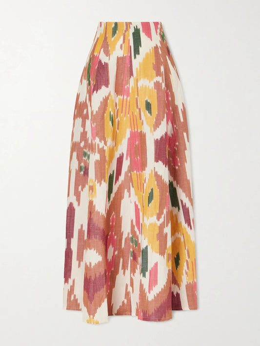 Image of a model wearing Skirts. Product name - Kika Printed Cotton And Linen-blend Maxi Skirt in Pink colour by brand - Emporio Sirenuse