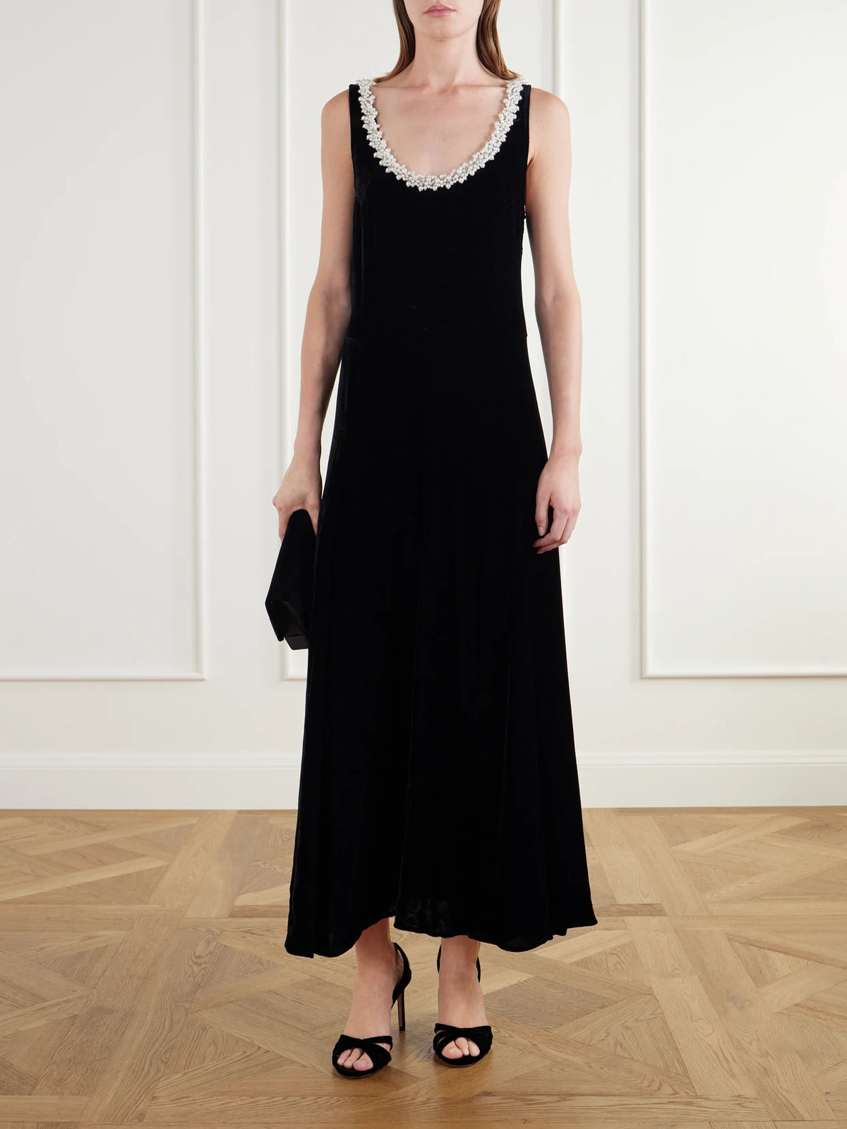 Image of Dresses. Product name - Bead-embellished Velvet Midi Dress in Black colour by brand - Maria McManus