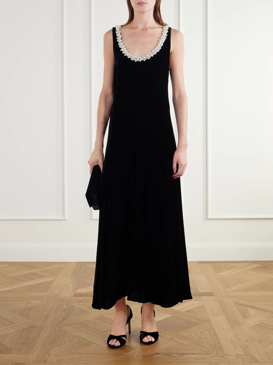 Image of Dresses. Product name - Bead-embellished Velvet Midi Dress in Black colour by brand - Maria McManus