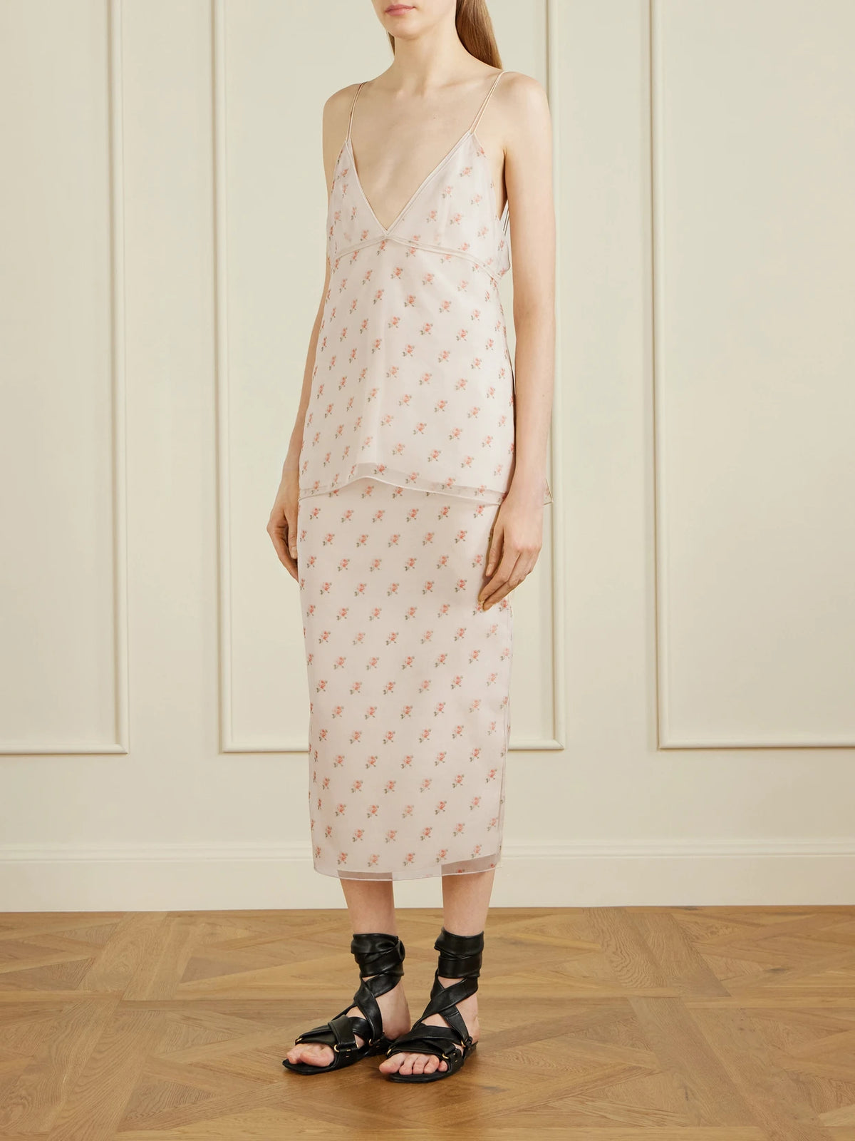 Image of Blouses. Product name - Timy Floral-print Silk-organza Camisole in Baby pink colour by brand - KHAITE