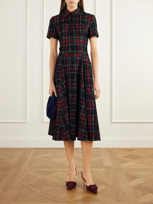 Image of Dresses. Product name - Jody Checked Flocked Velvet-trimmed Gabardine Midi Dress in Multi colour by brand - Emilia Wickstead