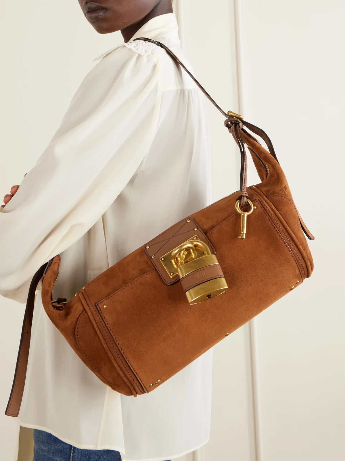Image of Bags. Product name - Paddington Embellished Leather-trimmed Suede Shoulder Bag in Tan colour by brand - Chloé