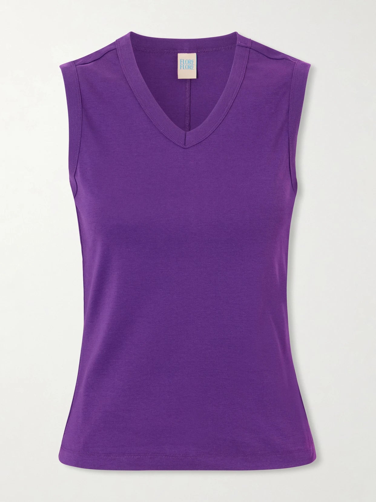 Image of a model wearing Tops. Product name - Jill Organic Cotton-jersey Tank in Purple colour by brand - FLORE FLORE