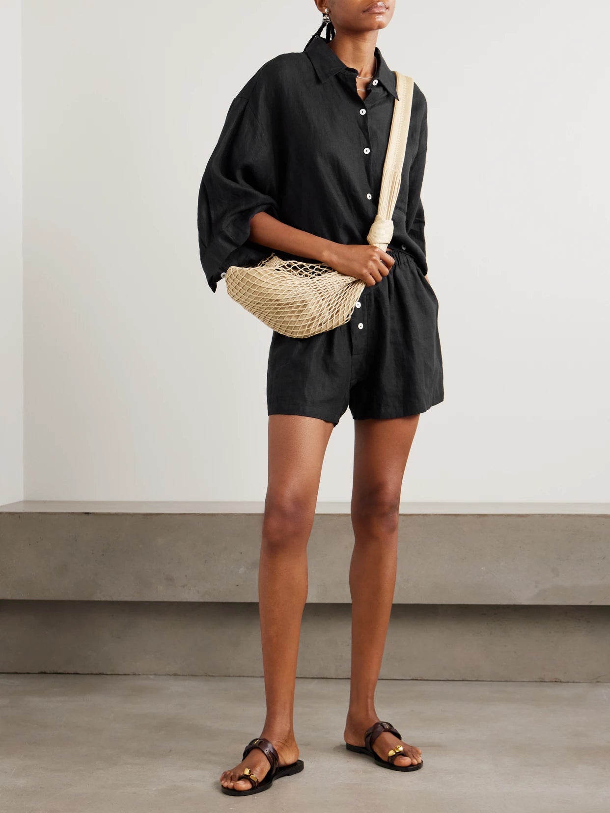 Image of Sleepwear & Loungewear. Product name - 03 Linen Shirt And Shorts Set in Black colour by brand - Deiji Studios