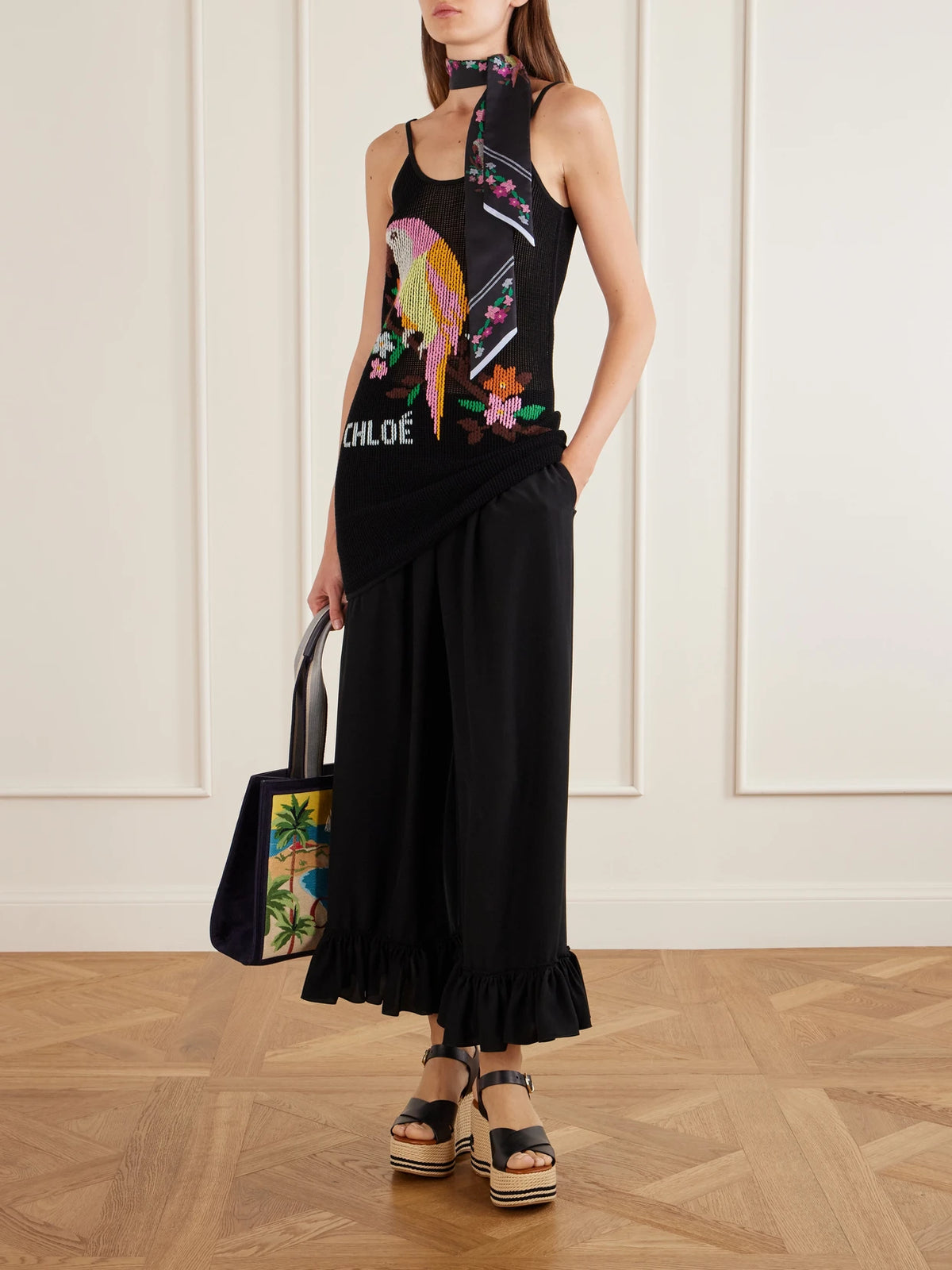 Image of Scarves & Shawls. Product name - Printed Silk Scarf in Black colour by brand - Chloé