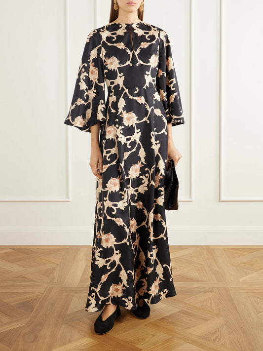 Image of Dresses. Product name - Belle Floral-print Silk-twill Maxi Dress in Multi colour by brand - La DoubleJ