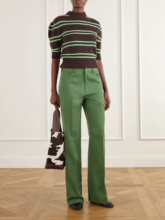 Image of a model wearing Pants. Product name - Wool-gabardine Low-rise Straight-leg Pants in Green colour by brand - Marni