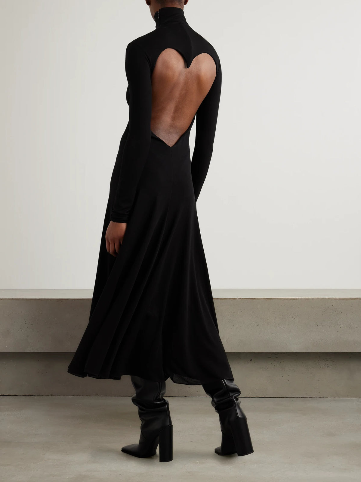 Image of Dresses. Product name - Open-back Jersey Turtleneck Midi Dress in Black colour by brand - Alaïa