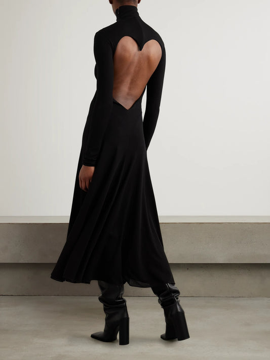Image of Dresses. Product name - Open-back Jersey Turtleneck Midi Dress in Black colour by brand - Alaïa