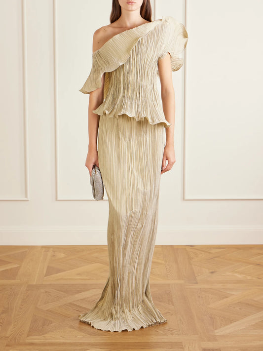 Image of Dresses. Product name - Pleated Off-the-shoulder Taffeta Gown in Gray colour by brand - Marmar Halim