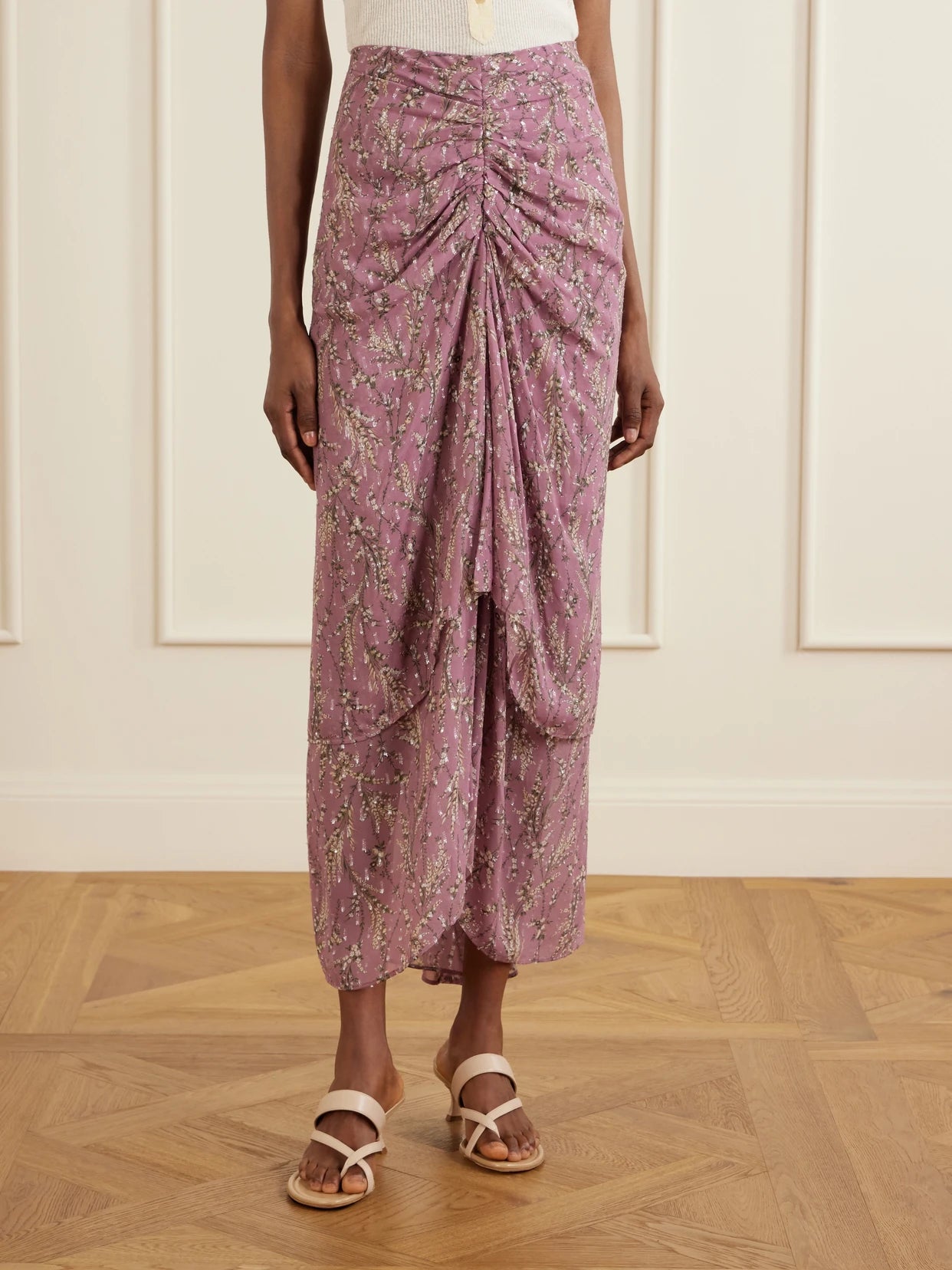 Sira Ruffled Floral-print Metallic Maxi Skirt