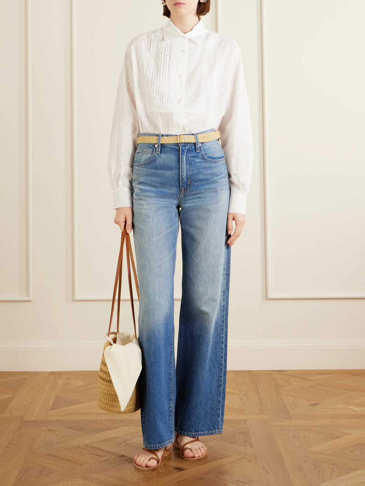 Bicro M Leather-trimmed Woven Straw Tote