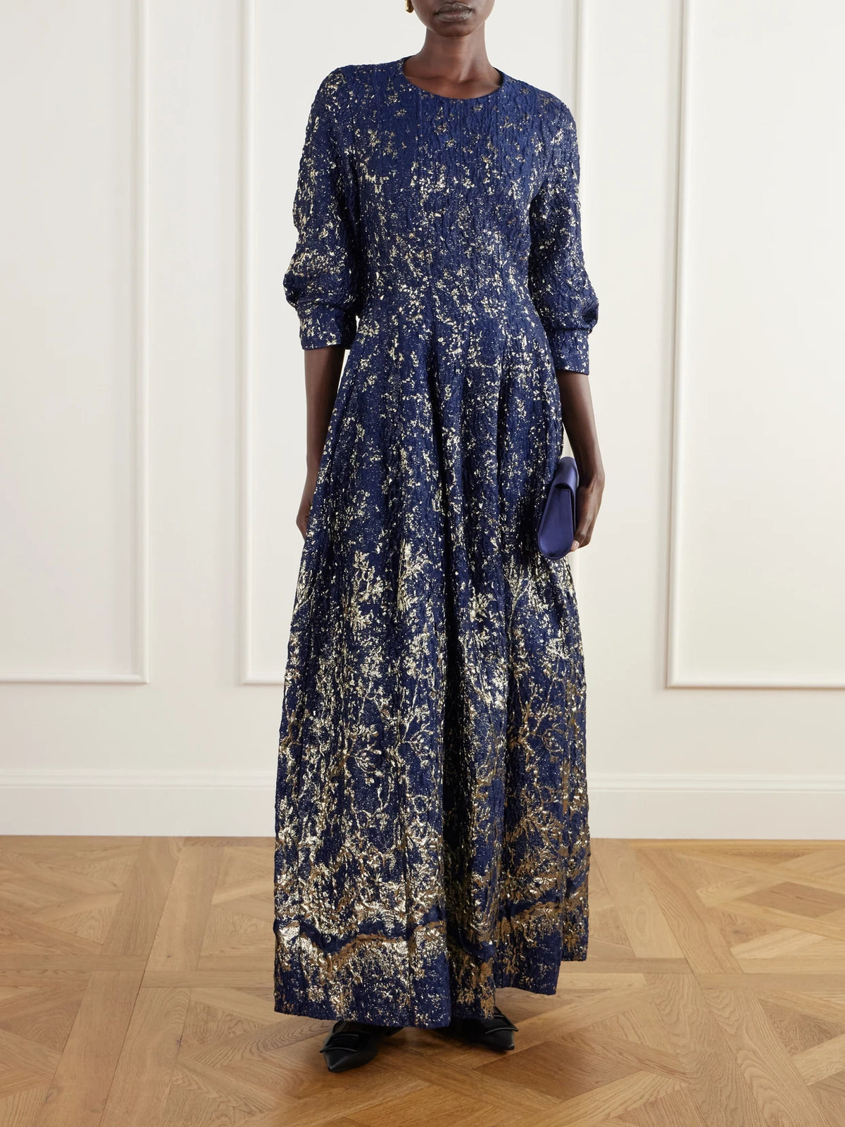 Image of Dresses. Product name - Claravelle Floral-jacquard Gown in Midnight blue colour by brand - SIMKHAI