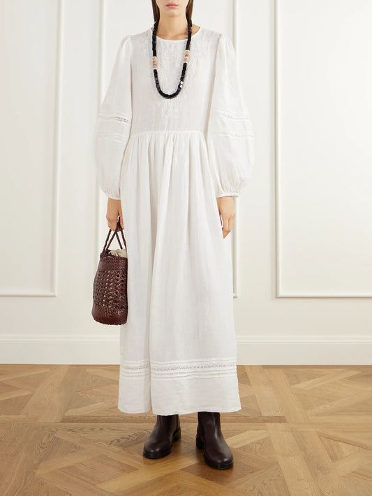 Image of Dresses. Product name - Velina Gathered Floral-embroidered Lace-trimmed Linen Midi Dress in Off-white colour by brand - SKALL