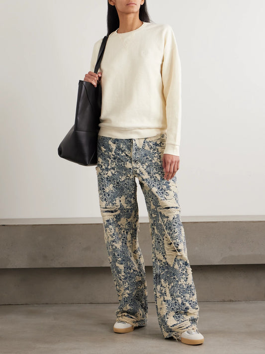 Image of Sleepwear & Loungewear. Product name - Embroidered Cotton-terry Sweatshirt in Cream colour by brand - ÉTERNE
