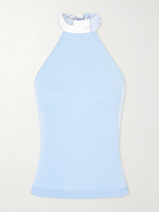 Image of a model wearing Tops. Product name - Printed Silk-trimmed Cotton Halterneck Top in Blue colour by brand - PUCCI