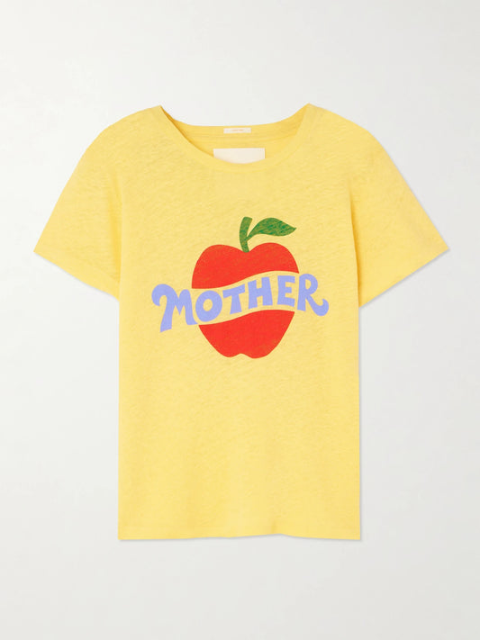 Image of a model wearing Tops. Product name - The Lil Sinful Printed Cotton-jersey T-shirt in Yellow colour by brand - Mother