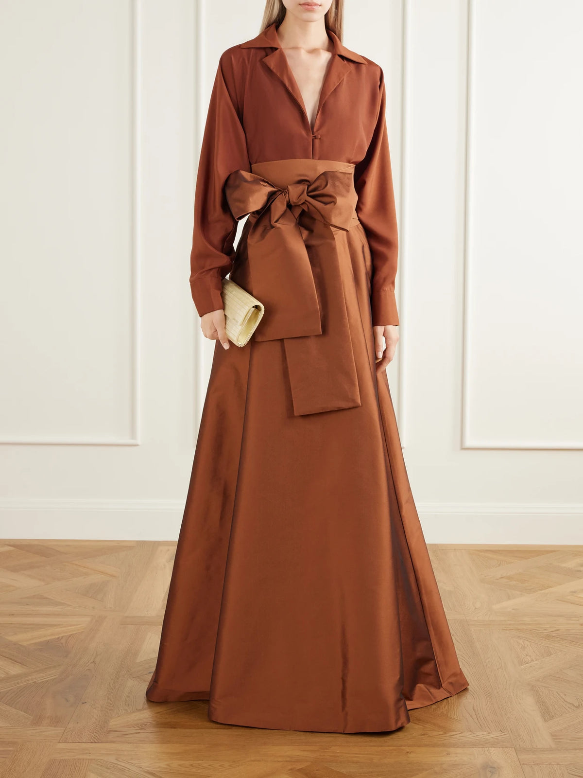 Image of Dresses. Product name - Beatrice Belted Satin And Taffeta Gown in Brown colour by brand - BERNADETTE