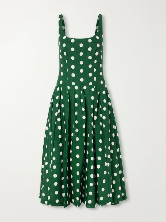 Regio Pleated Polka-dot Linen Midi Dress