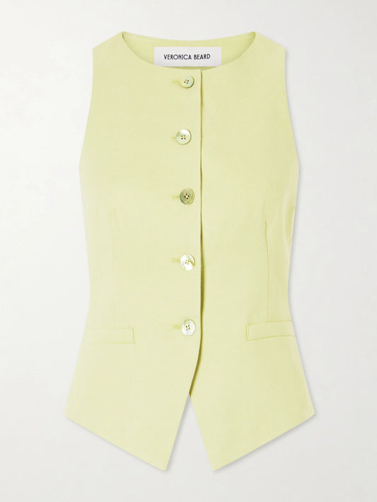 Image of Coats & Jackets. Product name - Hartwell Linen-blend Twill Vest in Light green colour by brand - Veronica Beard