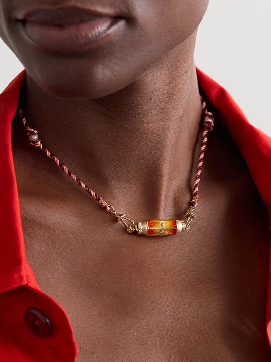 Image of Necklaces. Product name - Baby Locket 14-karat Gold And Cord, Enamel, Diamond And Pearl Necklace in Multi colour by brand - Marie Lichtenberg