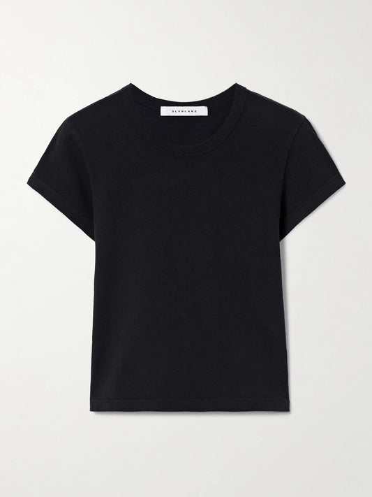 Image of a model wearing Tops. Product name - Easy Cotton-jersey T-shirt in Black colour by brand - SLVRLAKE