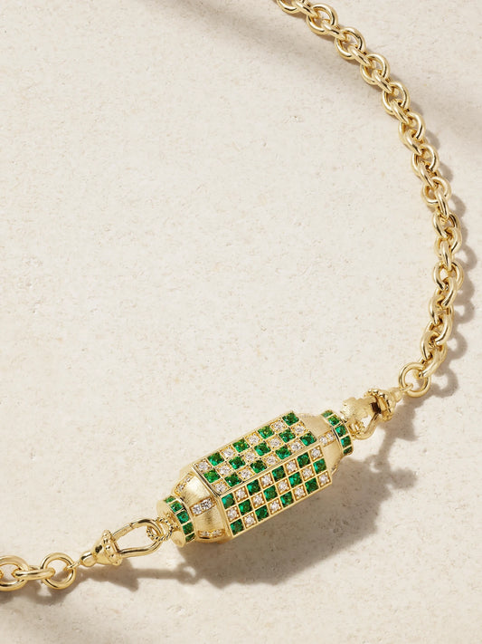 Check Locket 18-karat Gold, Emerald And Diamond Necklace