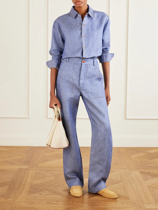 Image of a model wearing Tops. Product name - Linen-denim Shirt in Blue colour by brand - God's True Cashmere