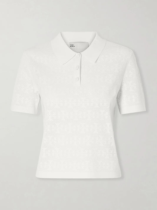Image of a model wearing Tops. Product name - Pointelle-knit Polo Shirt in White colour by brand - Tory Burch